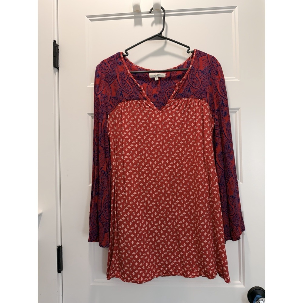 Umgee Bell Sleeve Blouse Top V-neck Red Paisley Novelty Print Boho Sz M